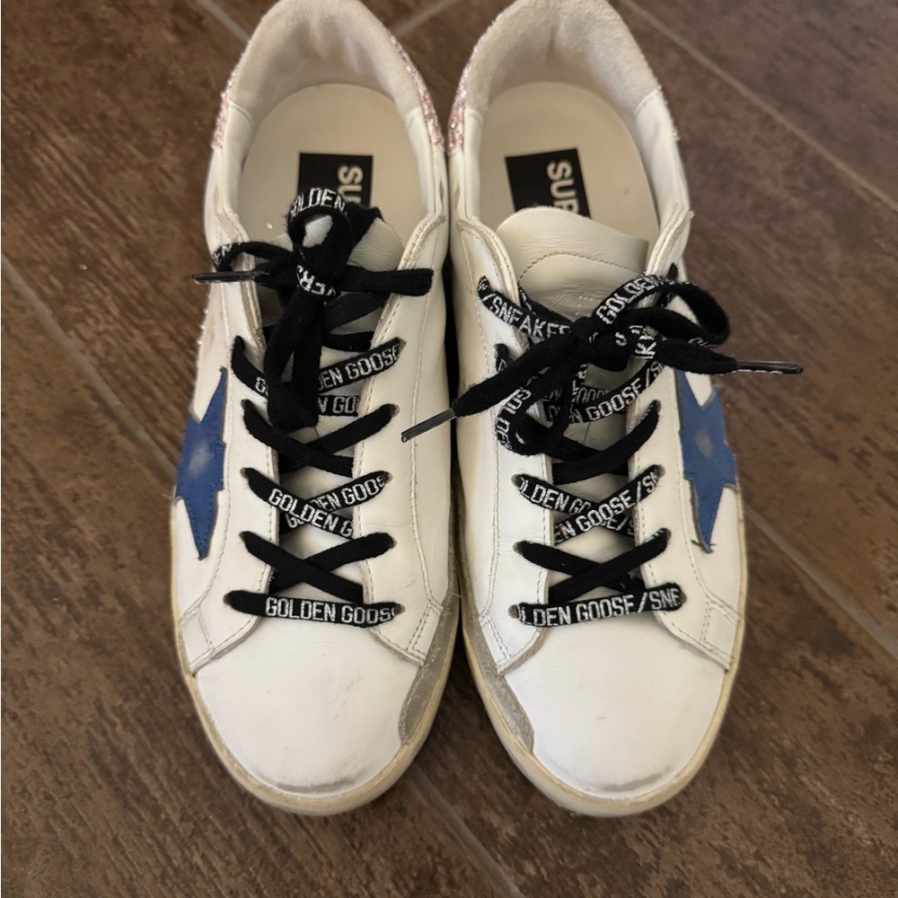 Golden Goose White and Blue Retro Sneakers